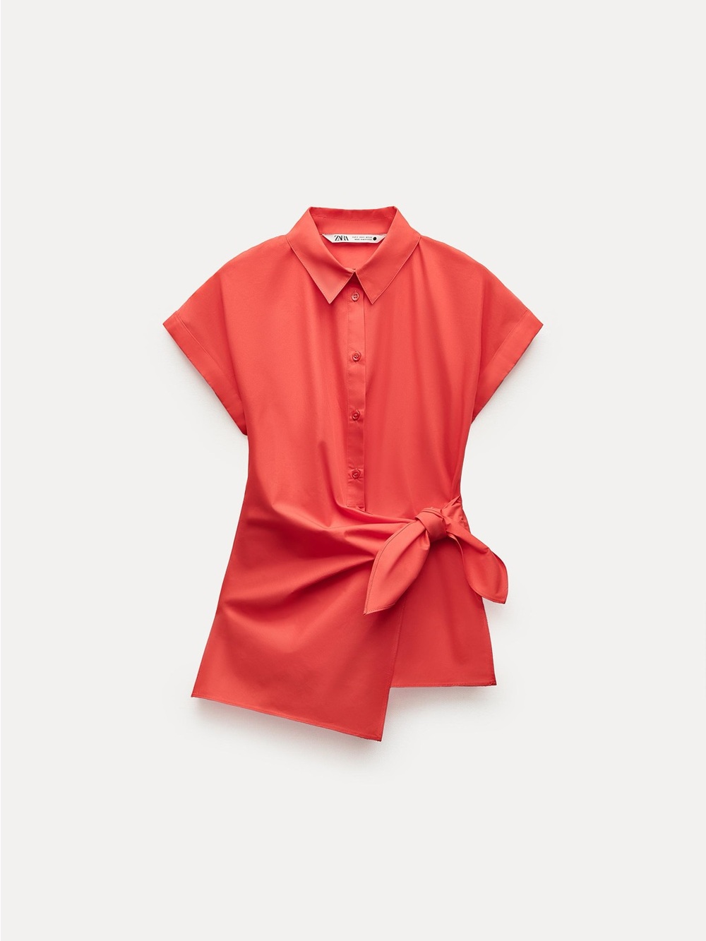 Zara Cotton Tie Hem Top Size M Short Sleeve Half Button Casual Chic Shirt